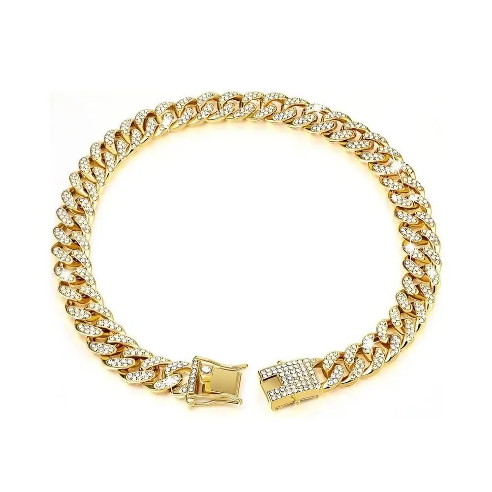 Pet Dog Cat Metal Gold Chain Diamond Cuban Link Collar Luxury Necklace Bling 12